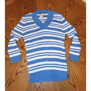 Y2K Faded Glory Womens Striped V‎ Neck Sweater Blue & White Striped  Rib Knit L